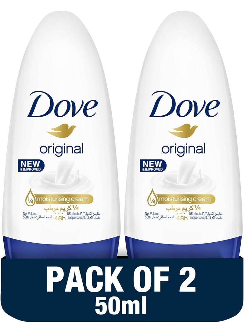 Dove مزيل العرق رول أون للنساء لحماية منع التعرق لمدة 48 ساعة، أصلي، خالي من الكحول، 50 مل، عبوة من 2 - Image 1
